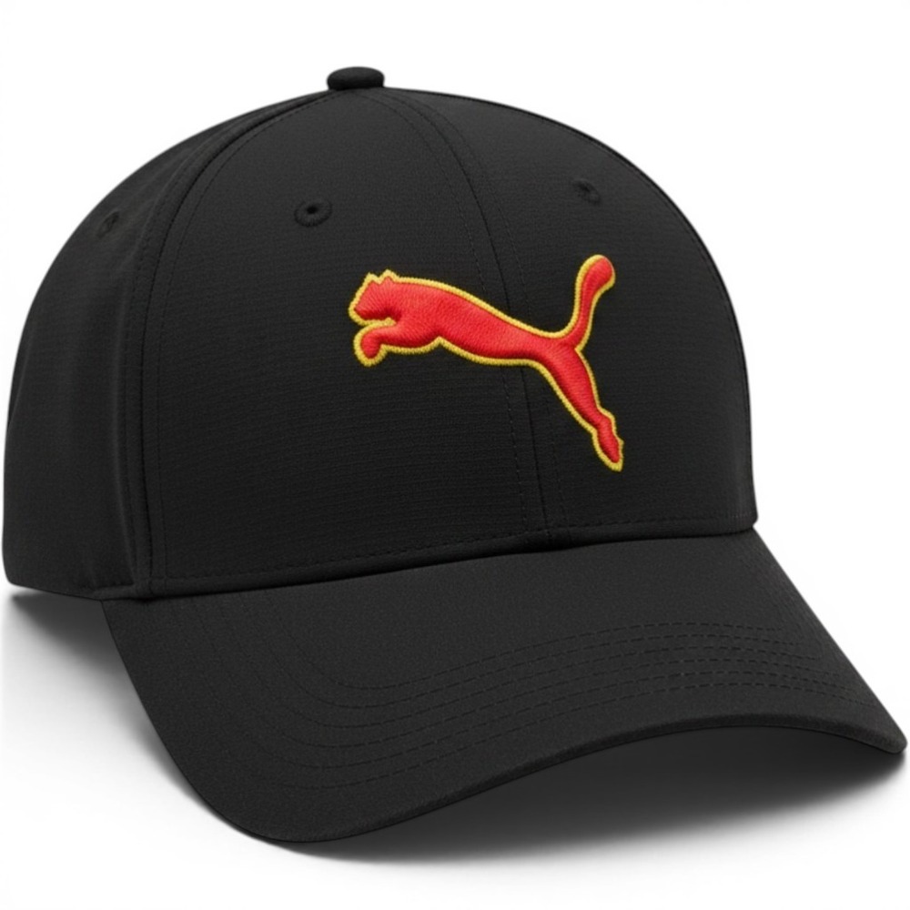 Puma Performance Stretch Fit Baseball Cap Black Red Yellow Logo Mens M/L